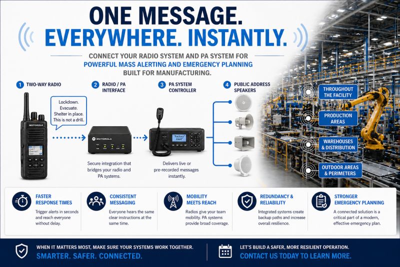 Diagram showing a Motorola two-way radio triggering a lockdown alert through a radio/PA interface and PA controller, broadcasting to public address speakers across a manufacturing facility — including production areas, warehouses, and outdoor perimeters.