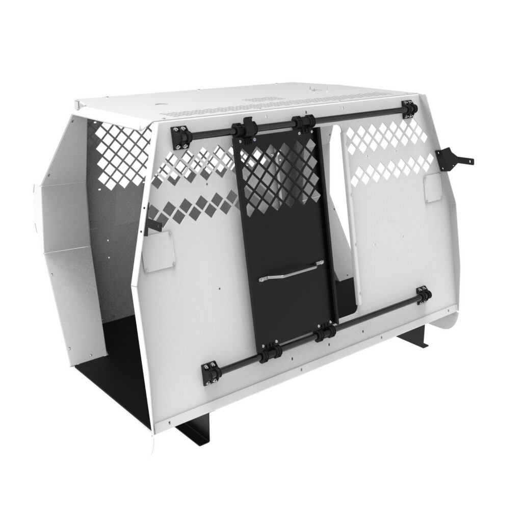 Aluminum K9 transport enclosure with ventilated panels and sliding door for a police vehicle