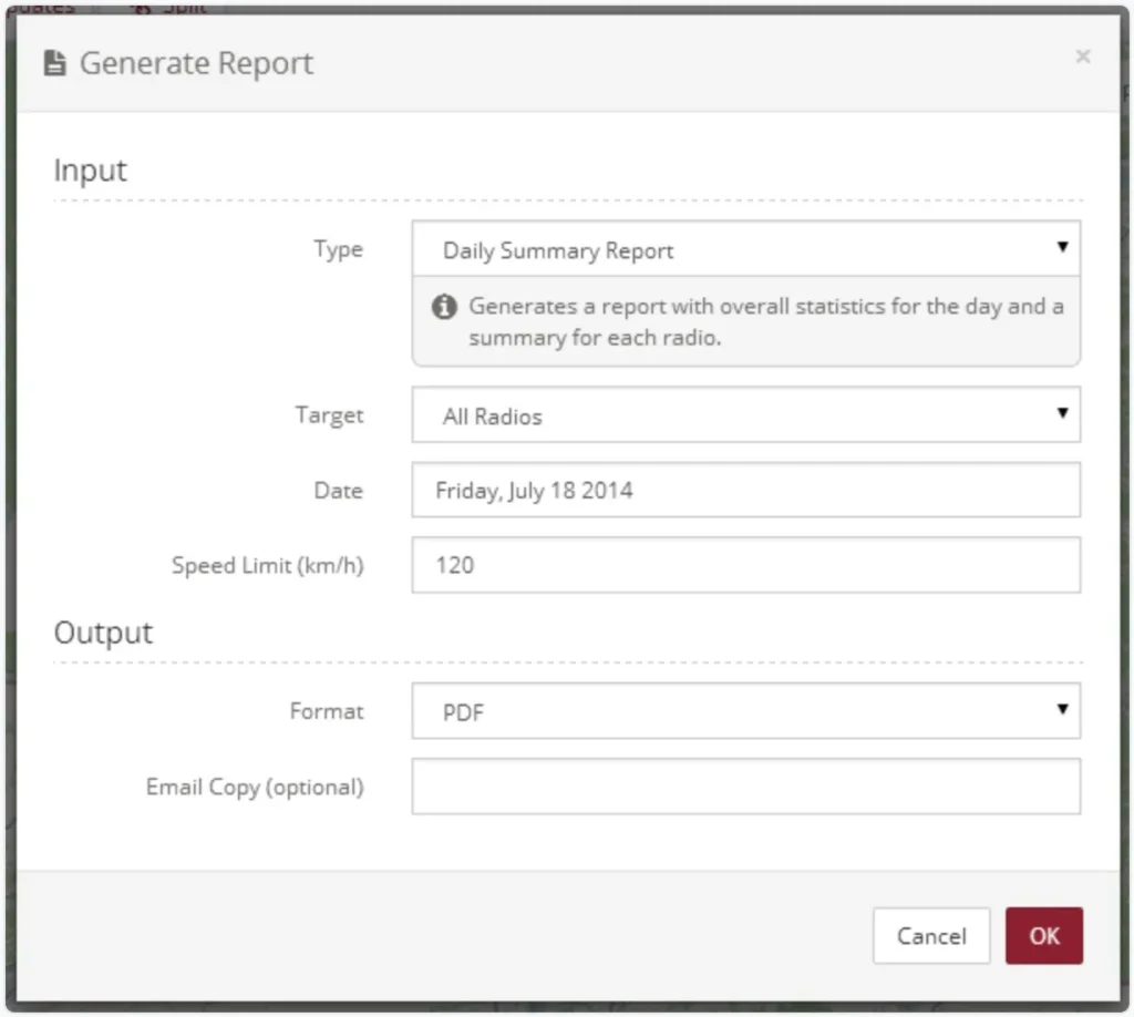 Teldio TruFleet Radio GPS & Indoor Tracking 4 Teldio TruFleet Generate Report window set to a daily summary for all radios with a speed limit threshold and PDF output