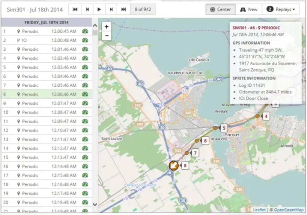 Teldio TruFleet route replay showing a MOTOTRBO radio's GPS breadcrumb trail, speed, and location history on a street map