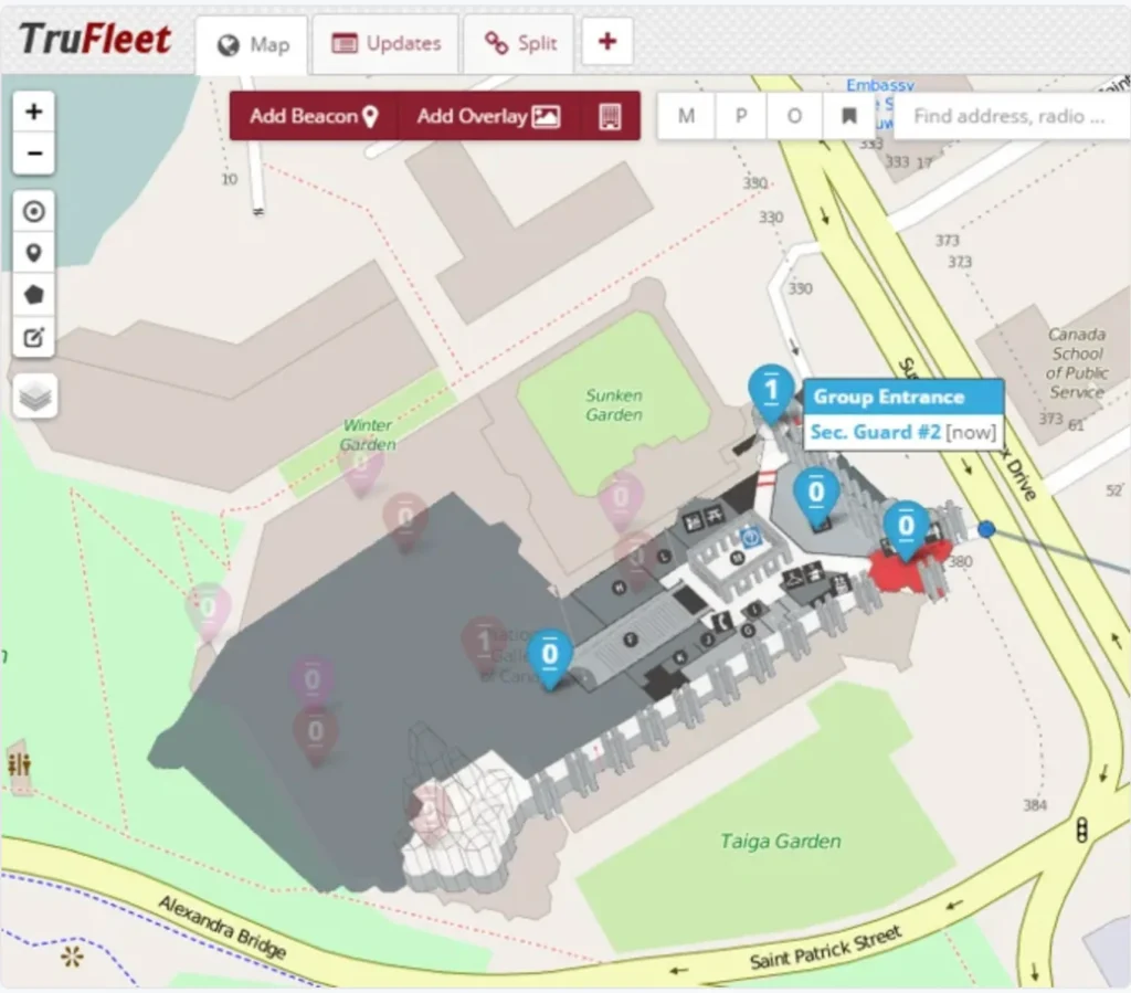 Teldio TruFleet indoor tracking map using Bluetooth beacons and a floorplan overlay to locate a security guard at a building's group entrance